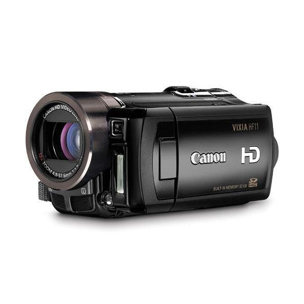ClubCamera.com front view of black Canon VIXIA HF11 camcorder featuring bronze zoom lens ring and 12x optical zoom