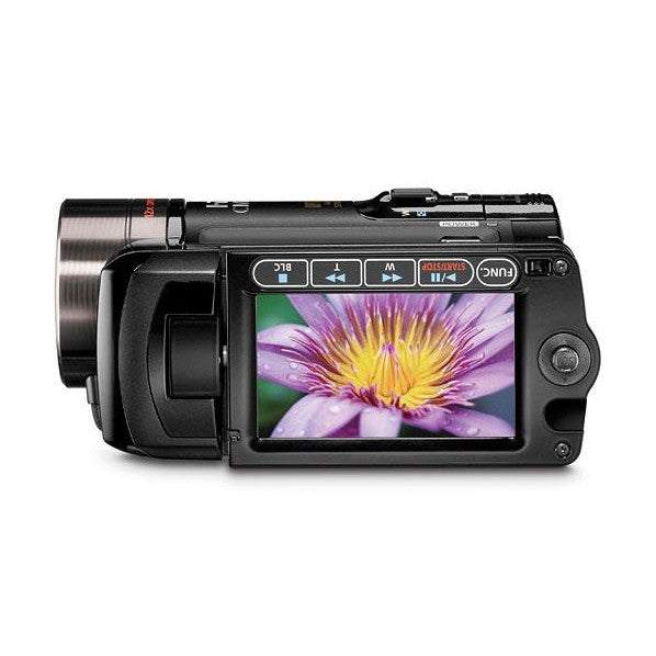 ClubCamera.com rear three-quarter view of black Canon VIXIA HF11 HD camcorder with textured grip and playback controls