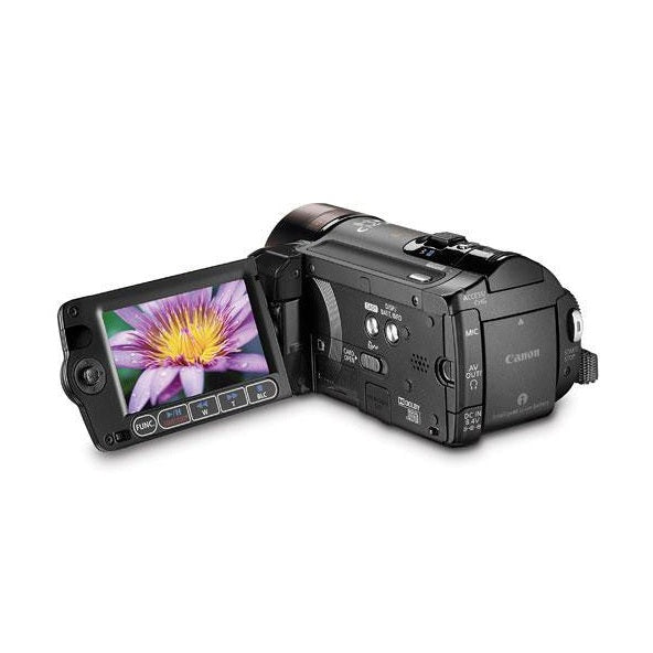 ClubCamera.com black Canon VIXIA HF11 HD camcorder rear view with flip-out LCD screen showing purple water lily