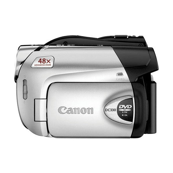 Canon DC330 front three-quarter shot highlighting 48x zoom badge and DVD logo at ClubCamera.com