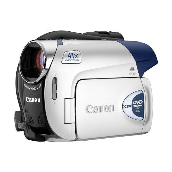 ClubCamera.com silver and navy-blue Canon DC310 camcorder featuring 41x Advanced Zoom badge and ergonomic grip