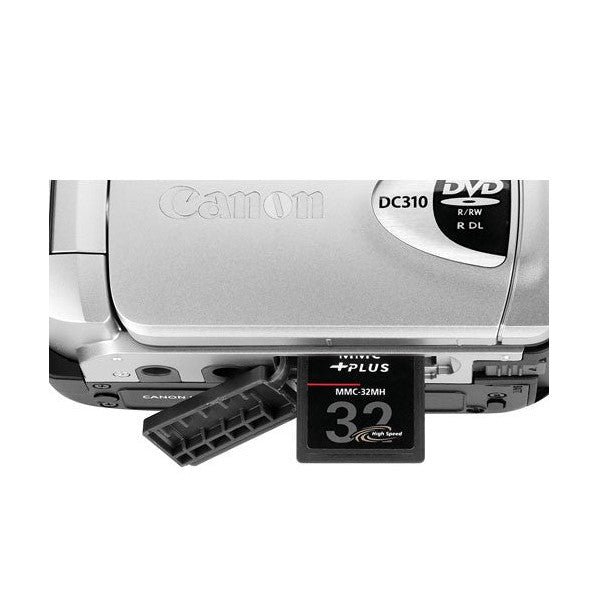 ClubCamera.com Canon DC310 silver camcorder side slot with inserted 32MB MMC-32MH high speed memory card
