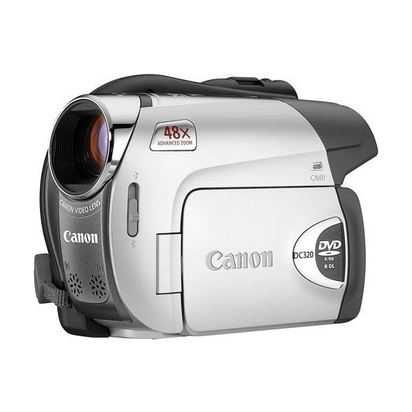 Front view Canon DC320 camcorder featuring red 48x Advanced Zoom badge and DVD logo at ClubCamera.com