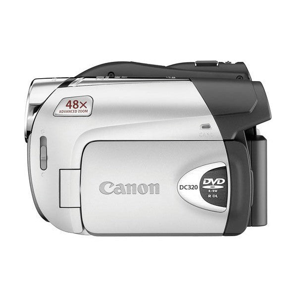 Top rear angle of Canon VIXIA DC320 DVD camcorder showing media door and rubberized grip from ClubCamera.com