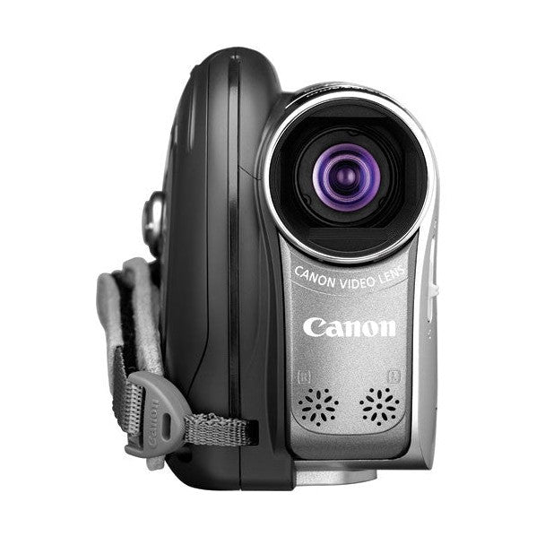 Canon VIXIA DC320 DVD camcorder side profile with matte black body, silver accents, and woven wrist strap by ClubCamera.com