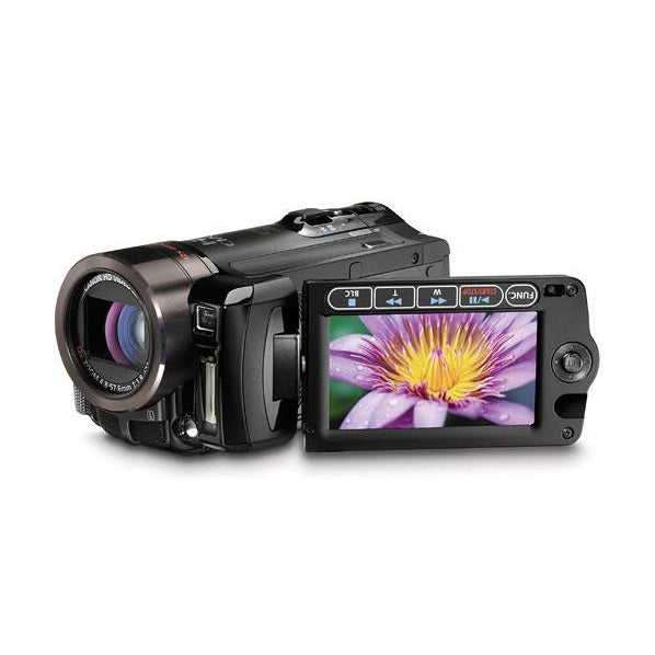ClubCamera.com side angle of black Canon VIXIA HF11 camcorder with articulated LCD screen flipped up for viewing