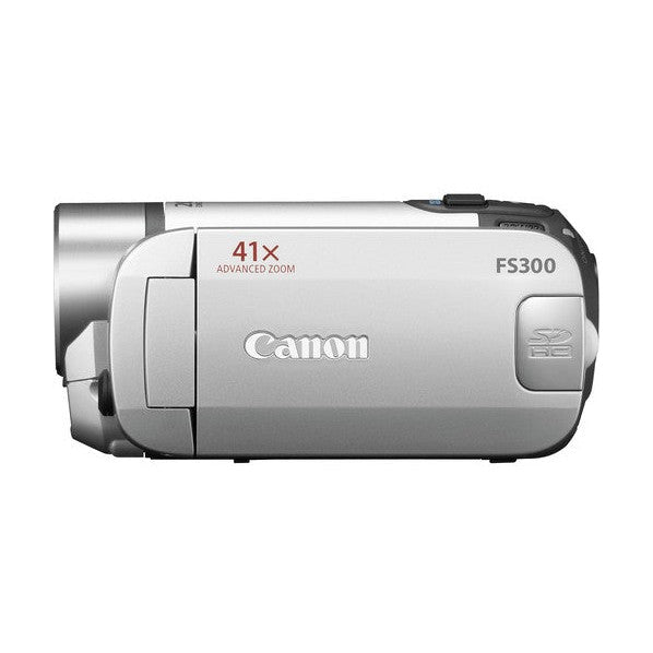 ClubCamera.com Canon VIXIA FS300 top-down view highlighting 41x Advanced Zoom label and SD card slot