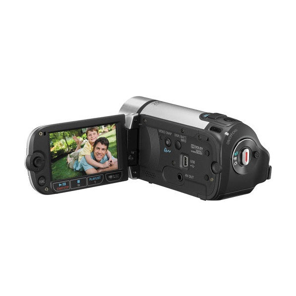 ClubCamera.com Canon VIXIA FS300 camcorder rear view with open flip-out LCD and visible USB AV ports