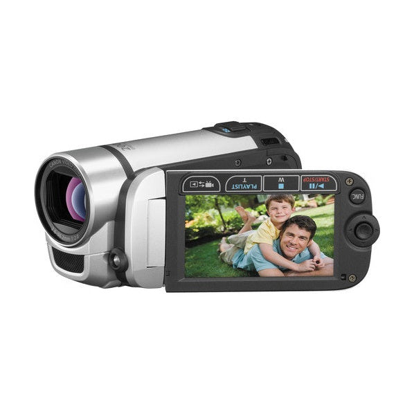 ClubCamera.com Canon VIXIA FS300 silver camcorder showing front lens and rear LCD screen with family photo