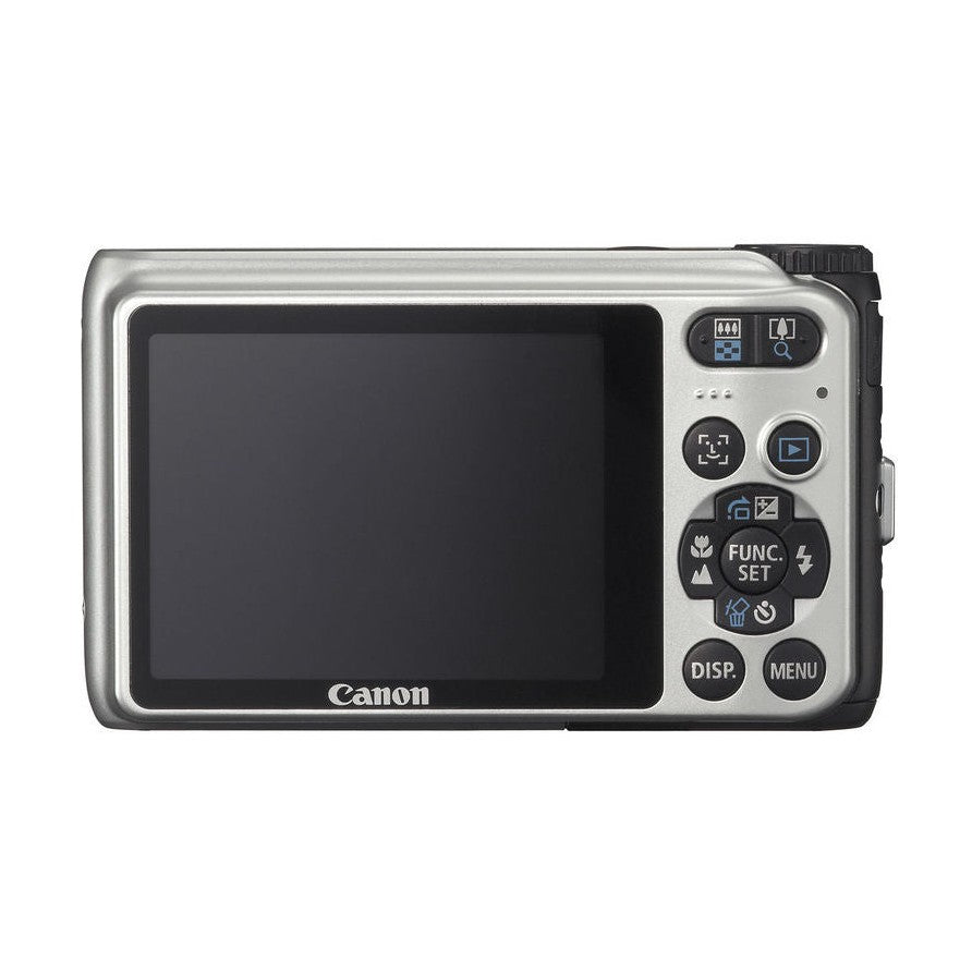 ClubCamera.com Canon PowerShot A3000 IS rear view silver camera with black rubberized grip and LCD screen