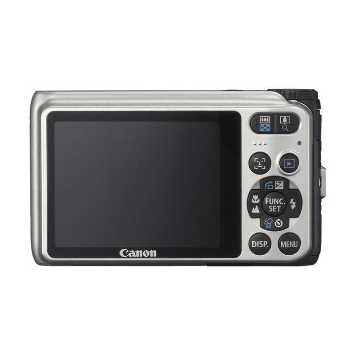 ClubCamera.com Canon PowerShot A3000 IS rear view silver camera with black rubberized grip and LCD screen