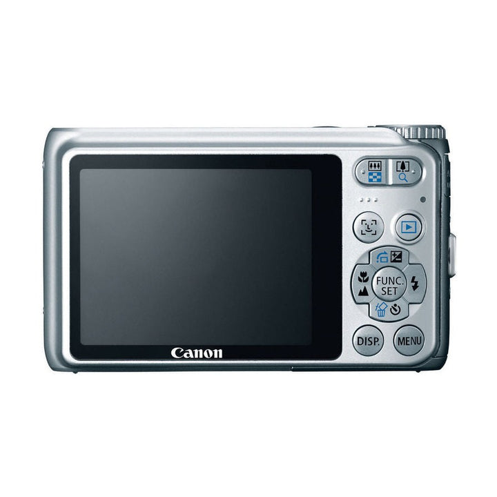 ClubCamera.com back view of silver Canon PowerShot A3100 digital camera showing 2.7-inch LCD screen and control buttons