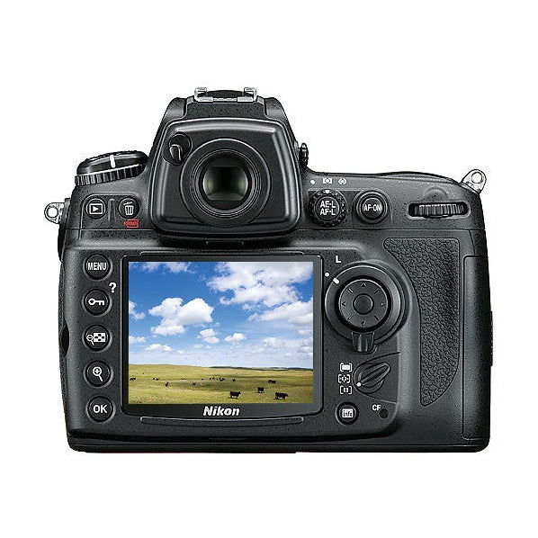 Rear view of Nikon D700 DSLR with LCD screen displaying landscape photo and control buttons from ClubCamera.com