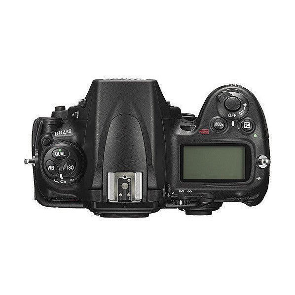 Top view of black Nikon D700 DSLR showing command dials and hot shoe mount at ClubCamera.com
