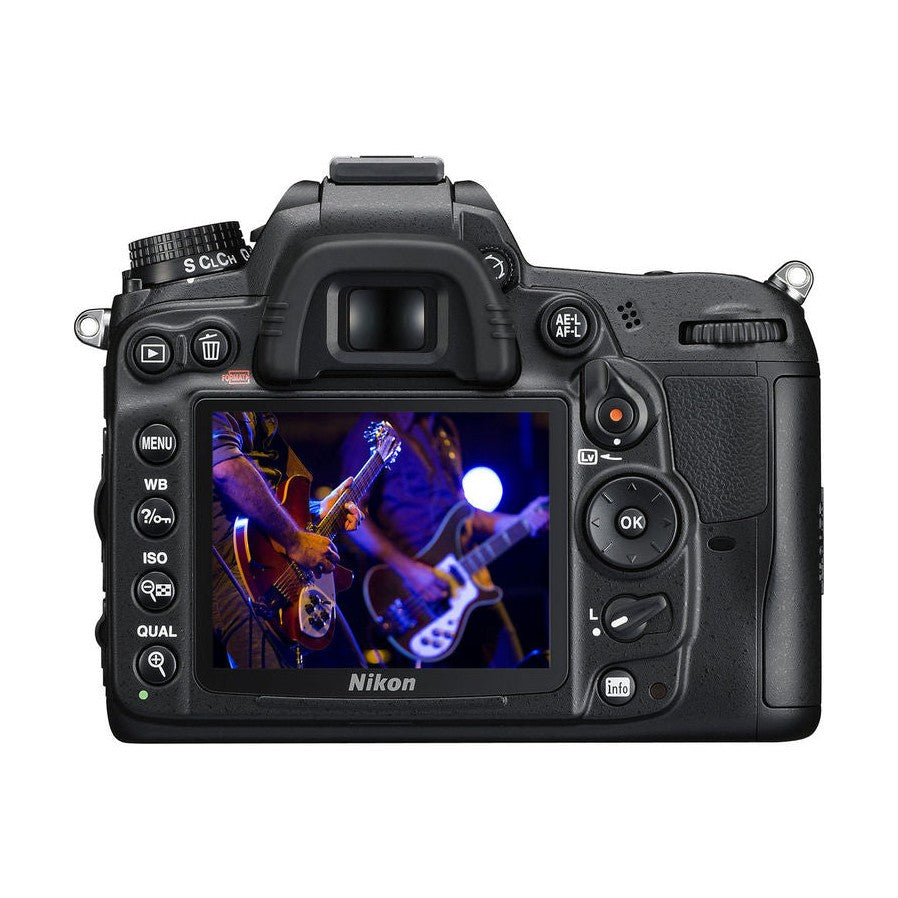 Nikon D7000 DSLR camera back view with textured grip showing live music preview on LCD, ClubCamera.com