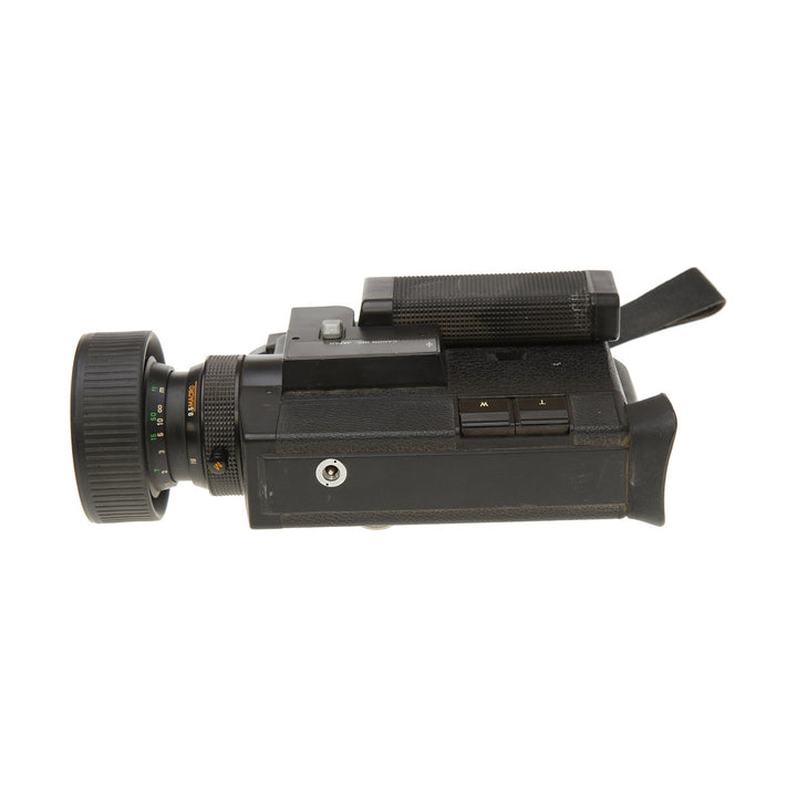 Top angled shot of Canon 512XL Super 8 camera by ClubCamera.com featuring orange auto zoom label
