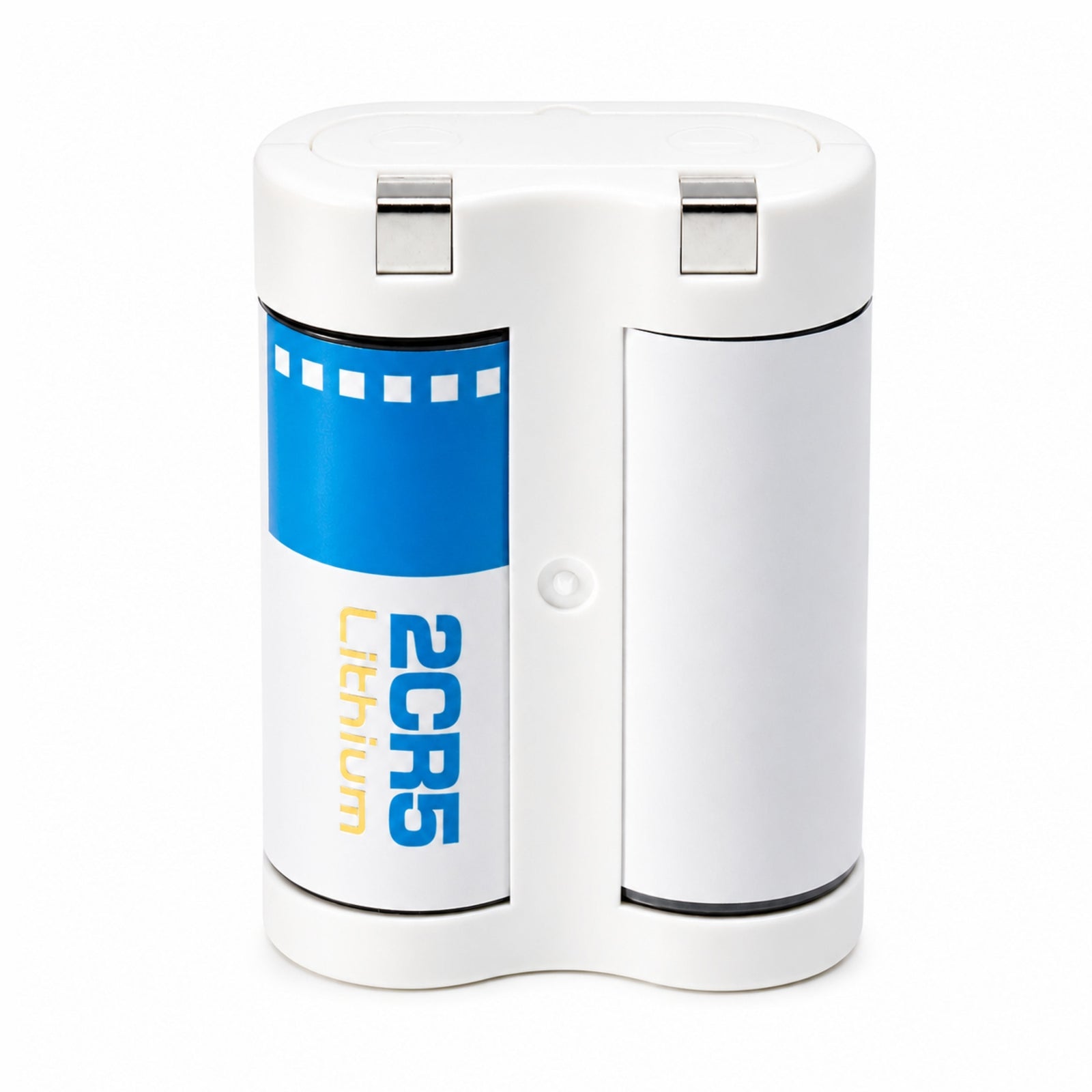 ClubCamera.com white 2CR5 lithium battery front view showing silver contacts and matte finish