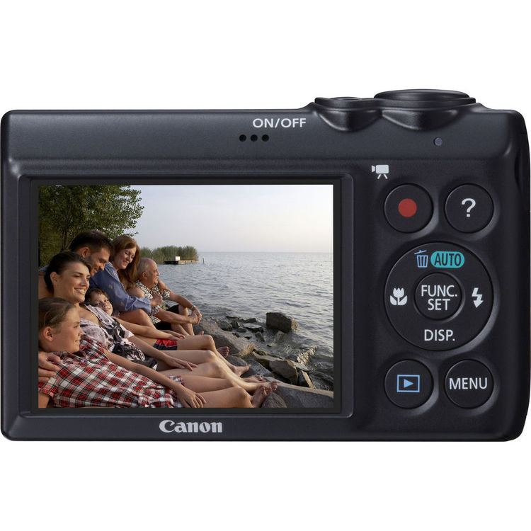 Rear view of black Canon PowerShot A810 showing 2.7-inch LCD screen displaying family photo by ClubCamera.com