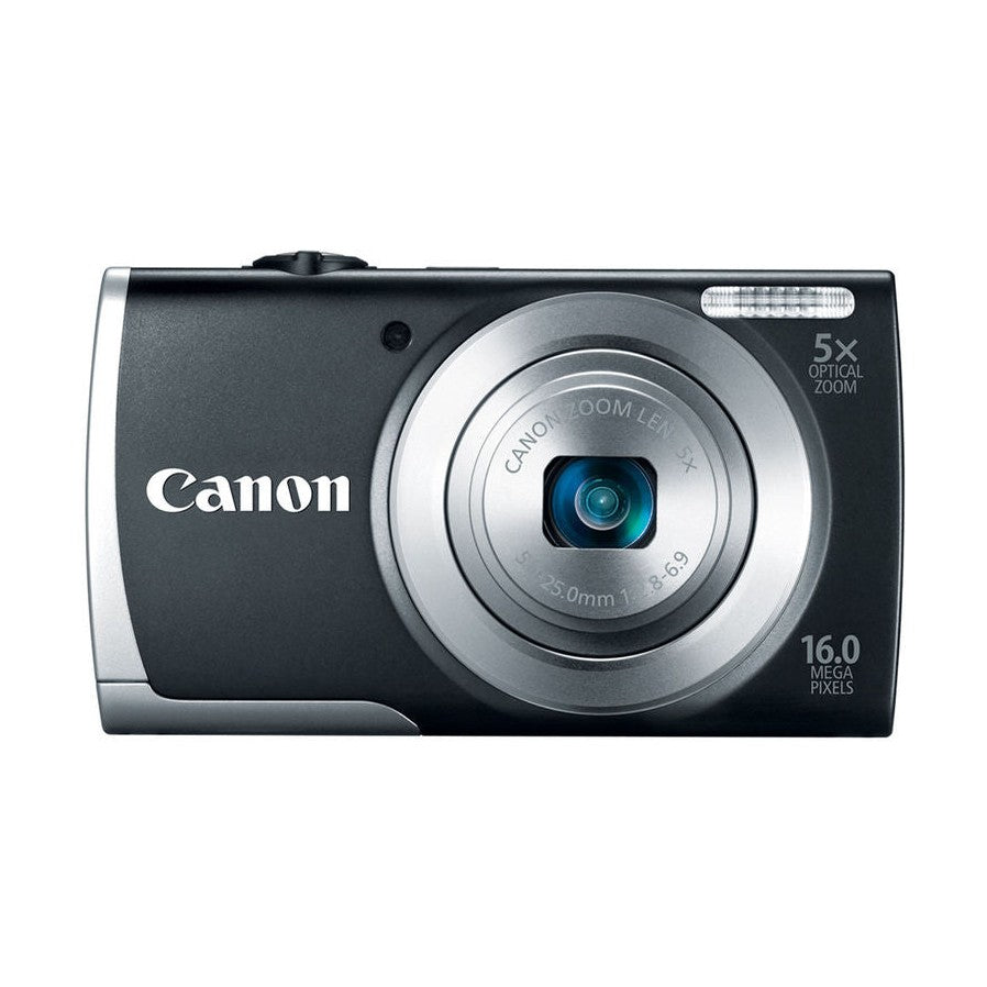 ClubCamera.com front view of black Canon PowerShot A2500 digital camera featuring 5x optical zoom lens and 16MP sensor