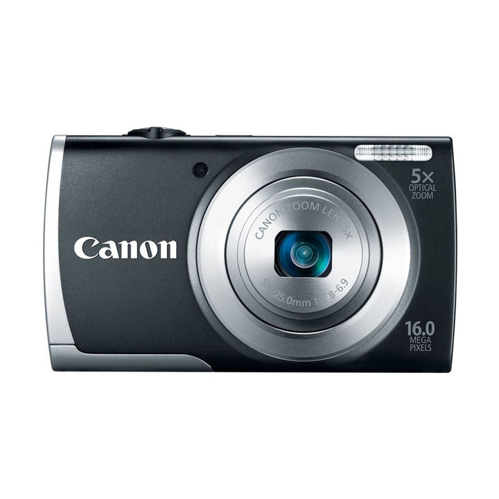 ClubCamera.com front view of black Canon PowerShot A2500 digital camera featuring 5x optical zoom lens and 16MP sensor