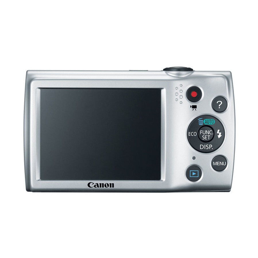 ClubCamera.com rear view of silver Canon PowerShot A2500 point-and-shoot camera with LCD screen and control dial