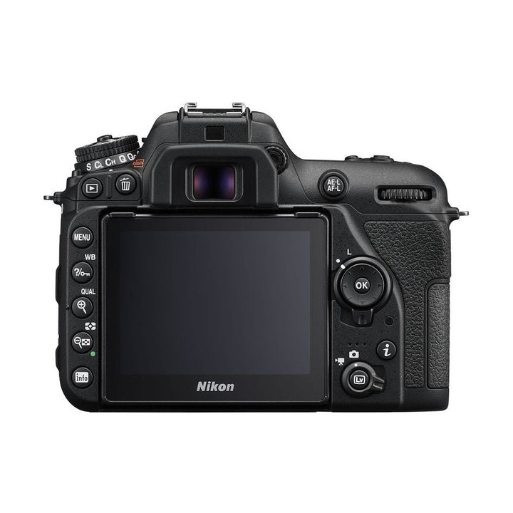 Rear view of Nikon D7500 DSLR with control buttons and LCD screen displaying logo at ClubCamera.com