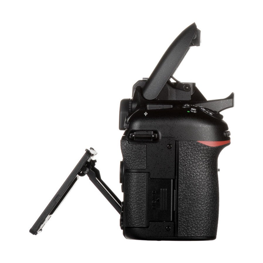 Nikon D7500 DSLR camera side profile with articulated LCD screen and red accent stripe at ClubCamera.com
