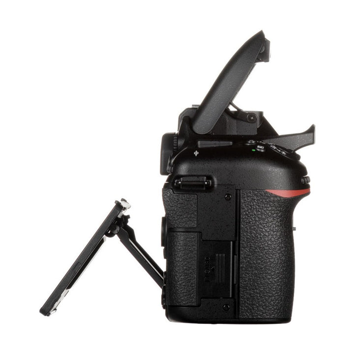 Nikon D7500 DSLR camera side profile with articulated LCD screen and red accent stripe at ClubCamera.com