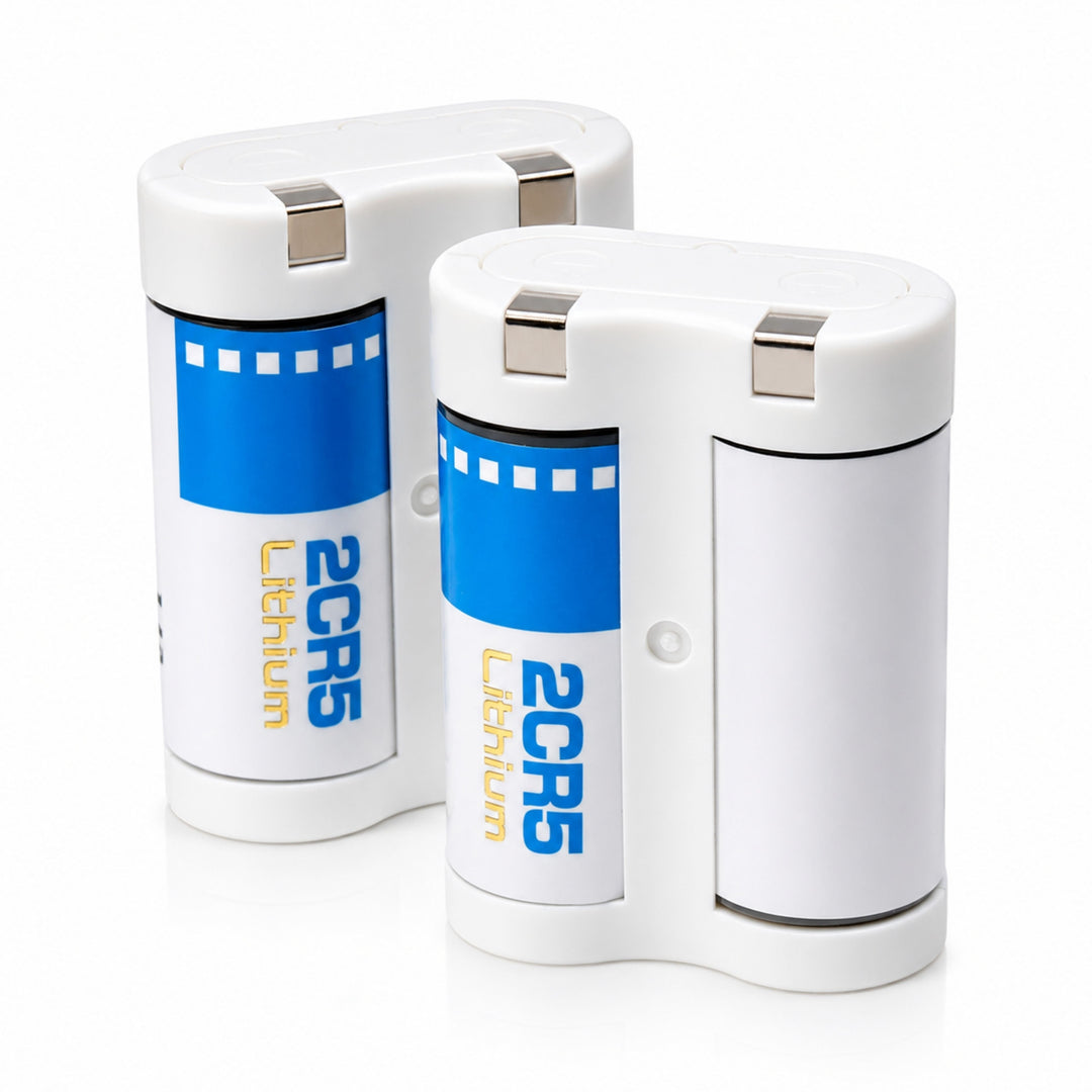 ClubCamera.com 2CR5 6V Lithium Photo Battery with blue filmstrip label and gold text