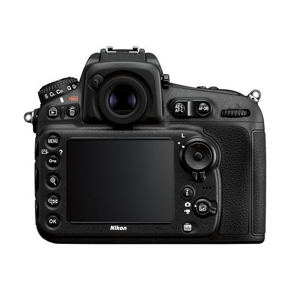 Nikon D810 DSLR camera body rear view with textured grip and LCD screen at ClubCamera.com