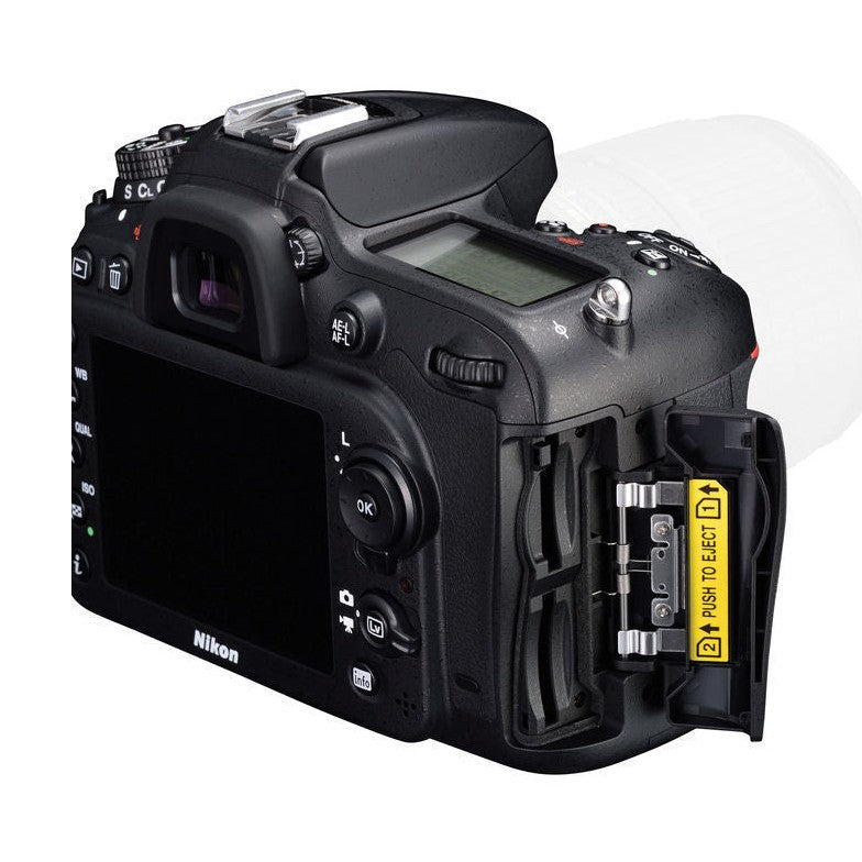ClubCamera.com Nikon D7200 DSLR rear view with open battery card door and yellow eject label