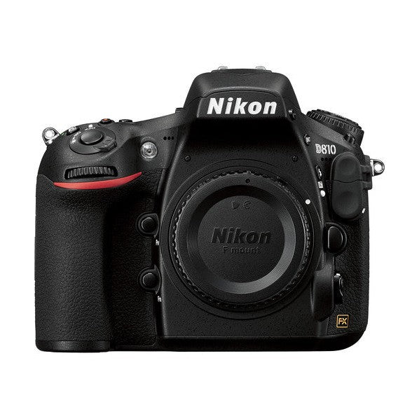 Front black Nikon D810 FX DSLR body with white logo and red accent stripe by ClubCamera.com