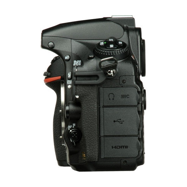Side profile of black Nikon D810 DSLR body with ports and metal dials from ClubCamera.com