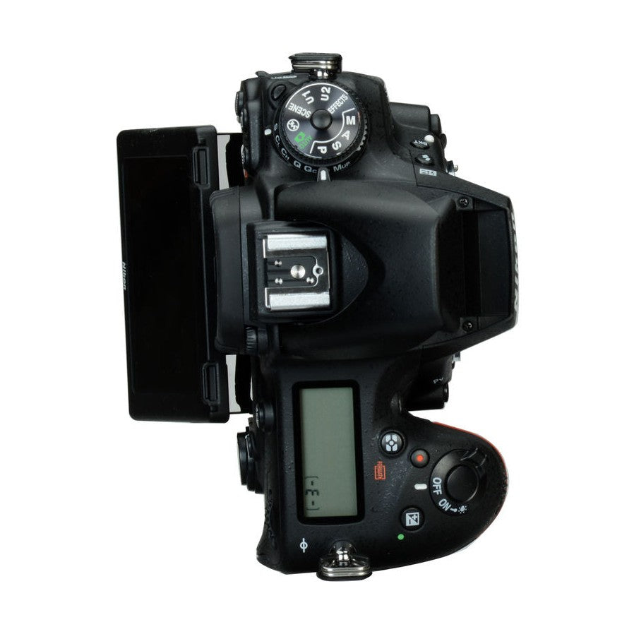 ClubCamera.com Nikon D750 black DSLR camera top-down view showing side flip-out LCD and mode dial settings