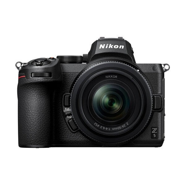 ClubCamera.com front shot of black Nikon Z5 mirrorless camera with textured grip and red shutter accent