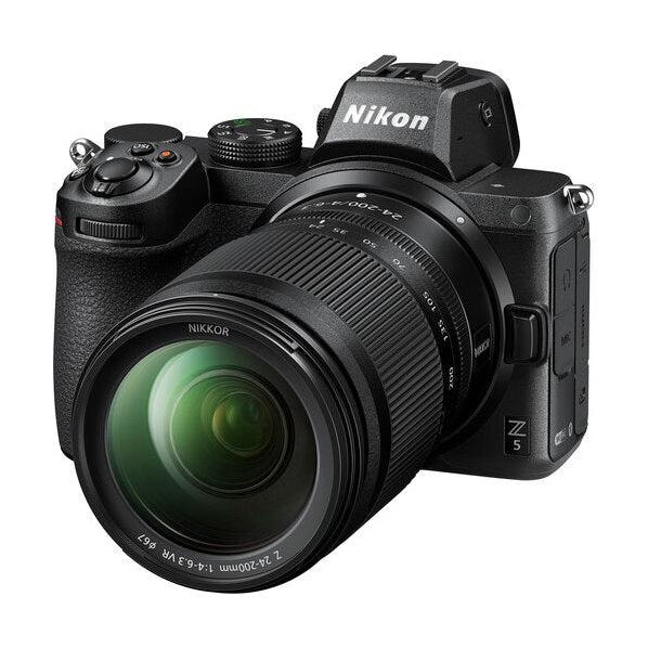ClubCamera.com front angle black Nikon Z5 with green coated NIKKOR Z 24-200mm lens