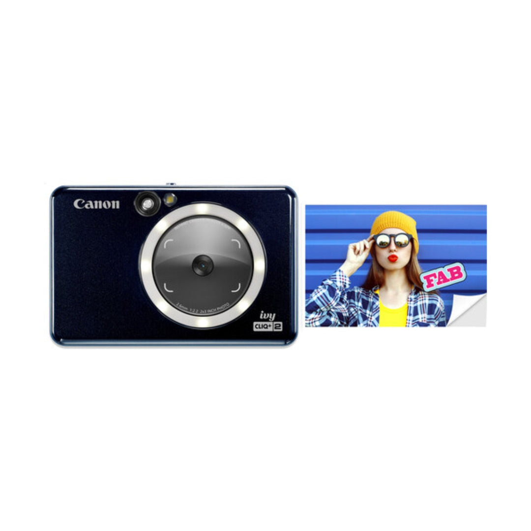 ClubCamera.com Canon IVY CLIQ+2 Midnight Navy instant camera with glossy finish and sample ZINK sticky print