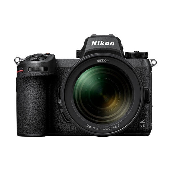 Nikon Z6II mirrorless camera with 24-70mm f/4 lens in matte black by ClubCamera.com showing textured grip and red shutter accent