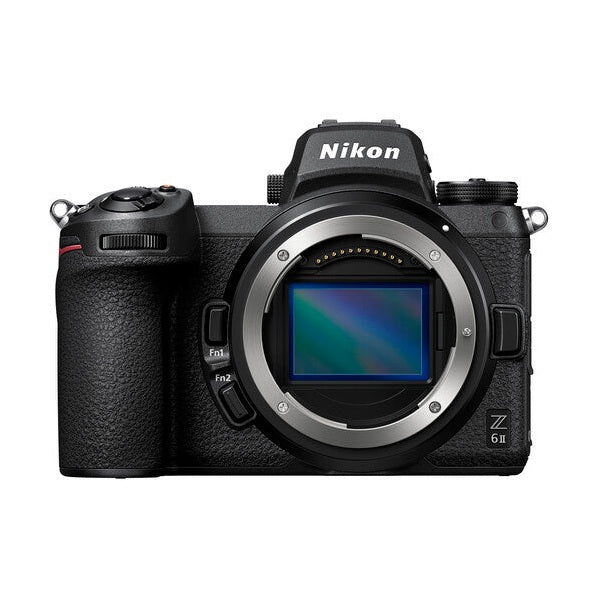 Front view of Nikon Z6II body showing sensor mount and pebbled grip texture from ClubCamera.com
