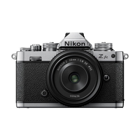 Silver Nikon Zfc retro camera with NIKKOR Z 28mm f/2.8 SE lens, ClubCamera.com