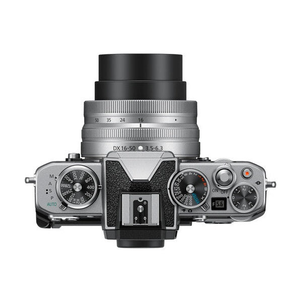 ClubCamera.com top-down view of Nikon Zfc mechanical dials for shutter speed and aperture on silver plate