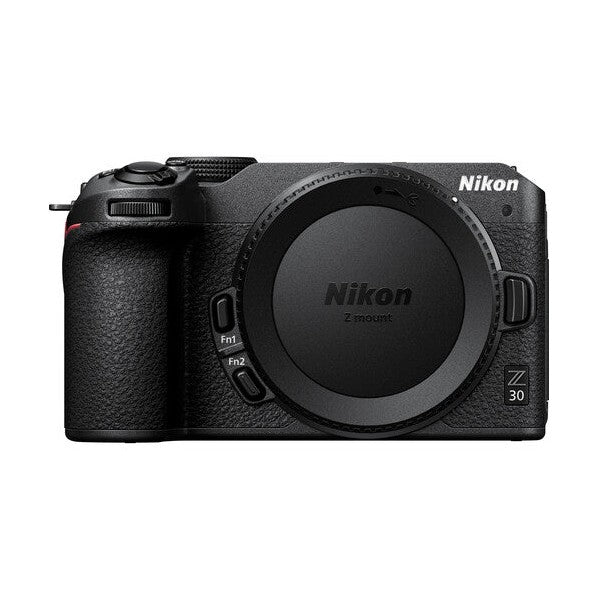 Nikon Z30 mirrorless camera body only in matte black from ClubCamera.com with textured grip and lens mount cover