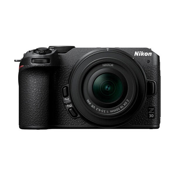 ClubCamera.com front shot of black Nikon Z30 with NIKKOR Z DX 16-50mm VR lens and green coating