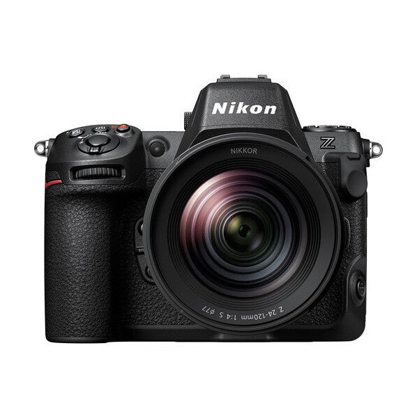 Front view of black Nikon Z8 full-frame camera with NIKKOR Z 24-120mm f/4 S lens and red grip accent from ClubCamera.com