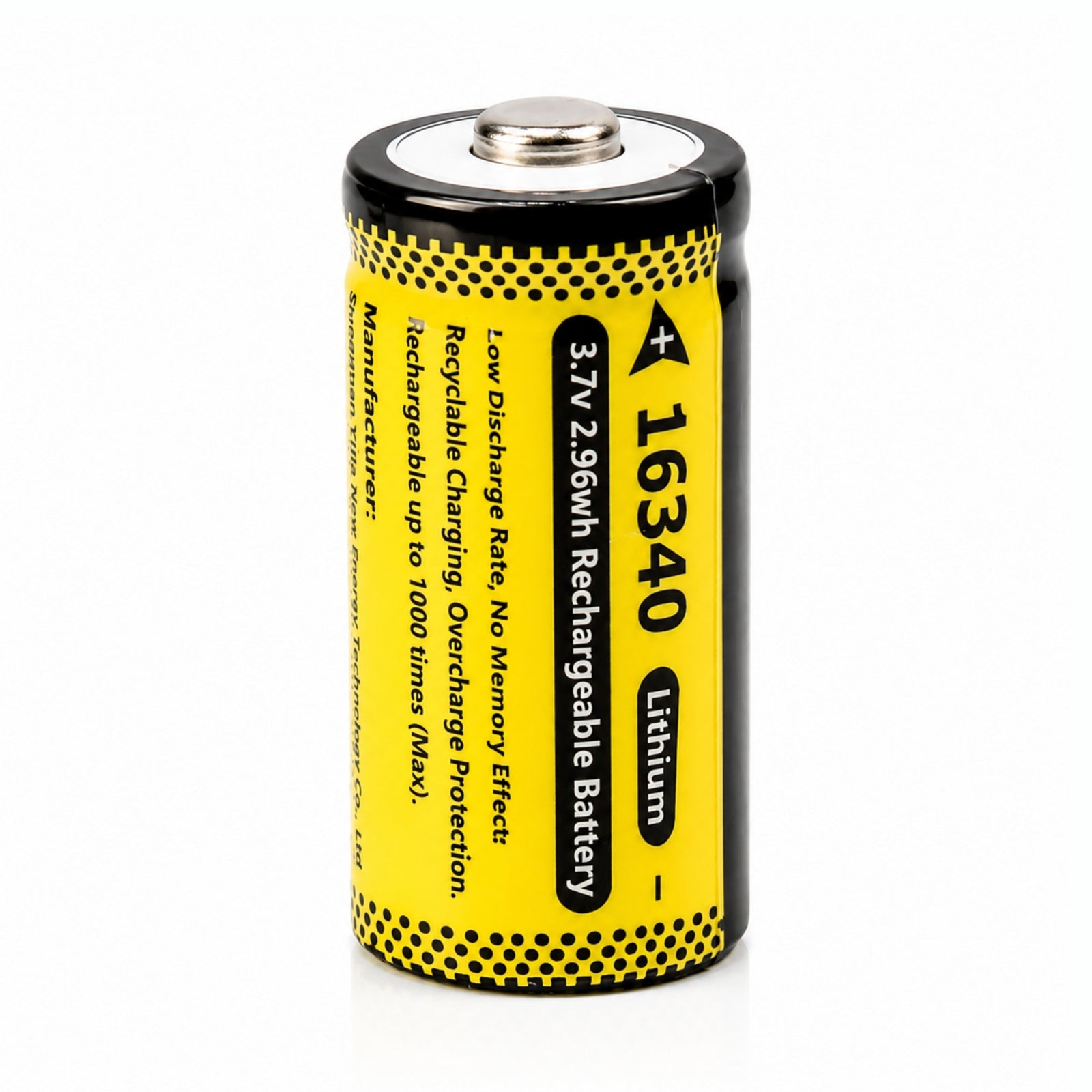 ClubCamera.com upright 16340 lithium battery 3.7V with yellow label and white insulating ring on white background