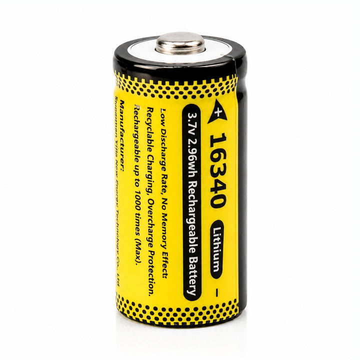 ClubCamera.com upright 16340 lithium battery 3.7V with yellow label and white insulating ring on white background