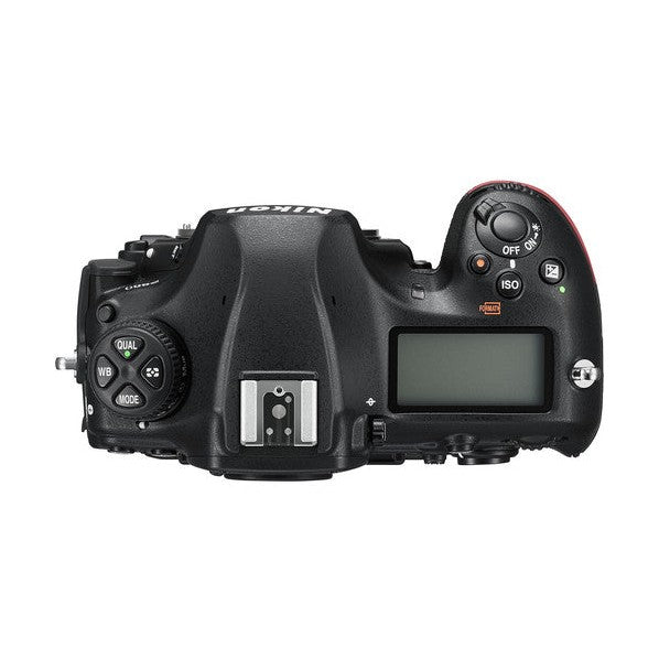 Top-down view of Nikon D850 DSLR body only showing command dials and hot shoe mount by ClubCamera.com