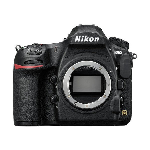 Nikon D850 DSLR camera body only black with red accent stripe and silver lens mount from ClubCamera.com