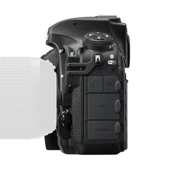 Side profile of Nikon D850 DSLR body only displaying protected ports and ergonomic grip from ClubCamera.com