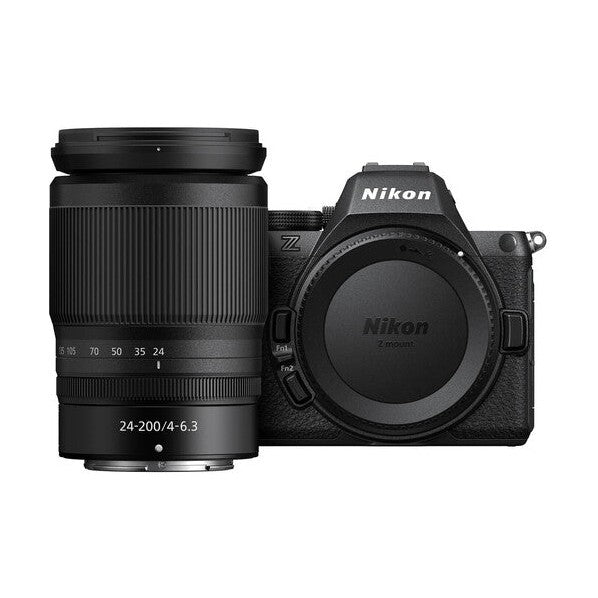 Nikon Z5II camera body and detached 24-200mm lens kit by ClubCamera.com on white background